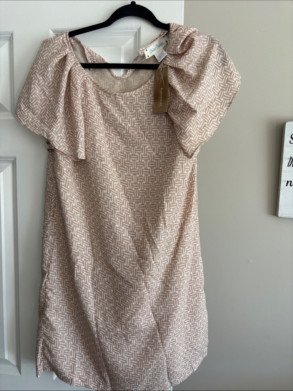 One-Shoulder Beige Patterned Dress with Ruffle Sleeve